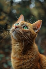 Close-up of an orange cat with green eyes, looking up at the sky. The background is blurred to focus on its face and expression. Soft natural light illuminates its fur, highlighting texture and detail