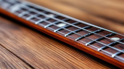 Fototapeta premium Bass guitar neck on wooden table