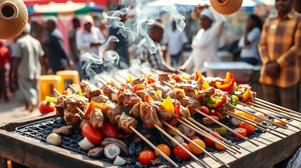 Spicy skewered meats sizzling on a charcoal grill at a busy Nigerian suya stand