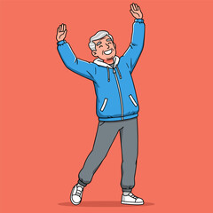 Cartoon Character Stretching in Blue Hoodie and Sneakers on Orange Background