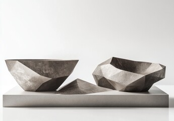 Modern Geometric Bowls on Minimalist Concrete Platform Display