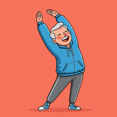 Cartoon Character Stretching in Blue Jacket and Sneakers on Orange Background