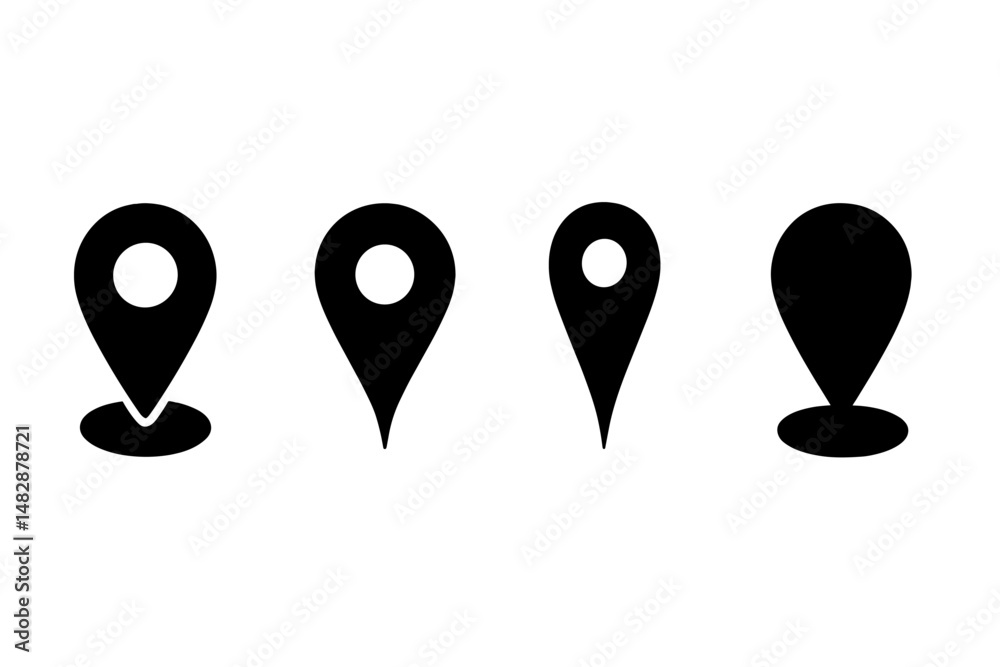 Poster collection of black map pin icons representing various locations and navigation concepts
