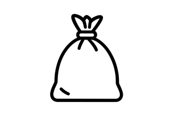 Simple black outline of a tied trash bag on white background representing waste management and cleanliness efforts