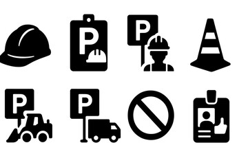 Safety signs and construction symbols used at a worksite in the urban area during the day