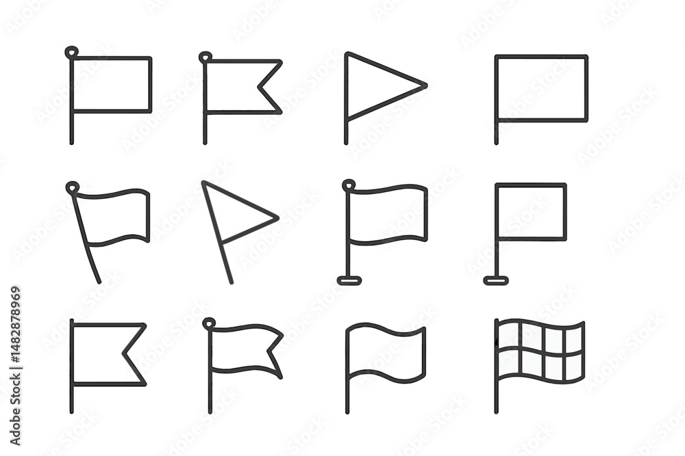 Poster various flag designs displayed in a grid format showcasing different shapes and sizes on a plain bac