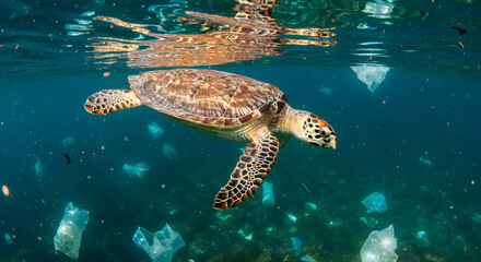 Fototapeta premium Green Sea Turtle Swimming Underwater Amidst Plastic Waste in Ocean Clear Waters with Sun Reflections and Environmental Pollution