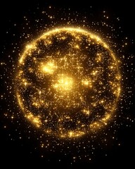 Space galaxy hidden. A glowing golden sphere made of sparkling stars, cosmic dust, and geometric symbols against a dark background.