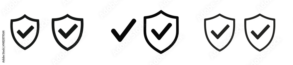 Poster various shield icons with check marks representing approval, validation, and security concepts desig