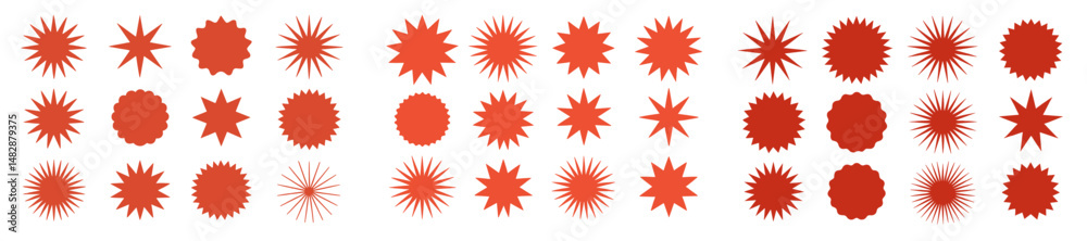 Poster Vibrant red starburst patterns in various shapes create dynamic visual elements for design projects