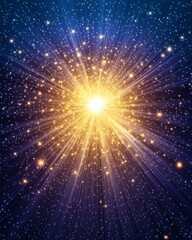 Naklejka premium Space galaxy hidden. A bright explosion of light radiates outward, surrounded by a field of sparkling stars against a deep blue space background.