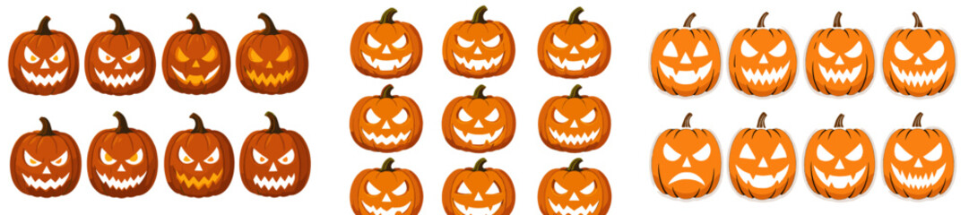 Multiple jack-o'-lantern pumpkins arranged in a pattern, showcasing different expressions for Halloween decoration