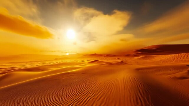 Golden desert landscape at sunset with dramatic skies and rolling dunes