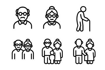 Illustrations of elderly people engaged in various activities, showcasing different stages of life and relationships