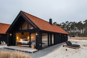 Cozy modern cabin with red roof, glass walls, and deck chairs, set on a sandy landscape near pine trees under a cloudy sky.