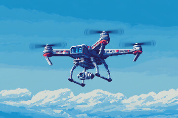 Fototapeta premium Pixelated drone flying in a blue sky with white clouds in the background in a low resolution style