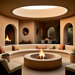 Walls textured like cracked clay, beige tones, embedded niches, and a fire pit as the room’s only centerpiece.
