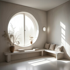 Soft white chalk-painted walls with chalky textures, indirect lighting grooves, and one large round window for poetic sunlight.