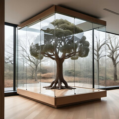 A transparent box room with floor-to-ceiling glass, floating wooden floor panels, and a single sculptural tree inside.
