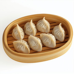 Fototapeta premium Steamed Dumplings on Wooden Oval Plate – Intricate Pleats and Glossy Finish on White Background