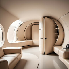 A futuristic interior with rounded corners, pale beige walls, seamless built-ins, and hidden doors—space-age minimalism.