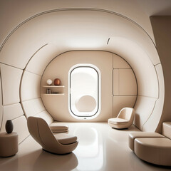 A futuristic interior with rounded corners, pale beige walls, seamless built-ins, and hidden doors—space-age minimalism.