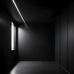 A dark minimalist room with black walls, subtle matte textures, and one linear light cutting through the darkness.