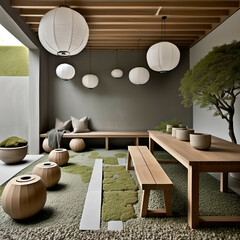A soft gray interior with polished stone floors, low oak furniture, paper lanterns, and an indoor gravel strip with moss.