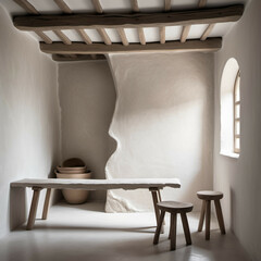 A muted minimalist interior with raw wood beams, uneven plaster walls, and a single handcrafted stool—celebrating imperfection and silence.