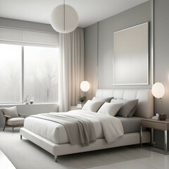 A tranquil blend of white, foggy gray, and soft shadow beige, accented with micro touches of chrome to enhance spatial purity