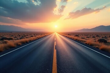 Endless asphalt ribbon stretching towards a hazy horizon under a vast sky , direction, peaceful