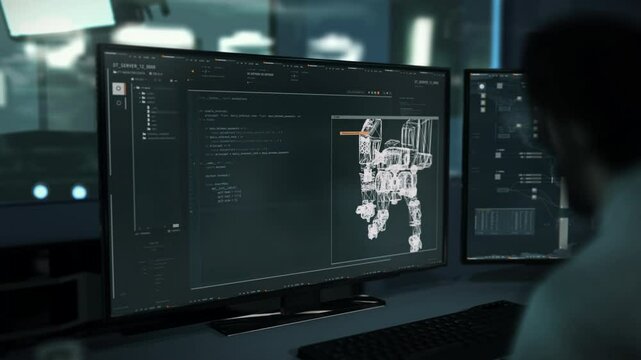 Software Developer Writing Scripts To Command Ai Robot Technology. Digital Command Scripts Create Virtual Robot On Computer Screen. Programming Command Scripts For Video Game Robot. Data Network