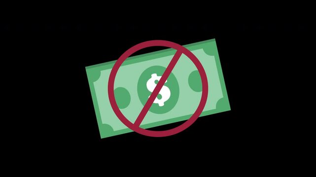 No money symbol. Cash not allowed in cartoon animation. Cashless transaction icon. Financial restriction and error payment