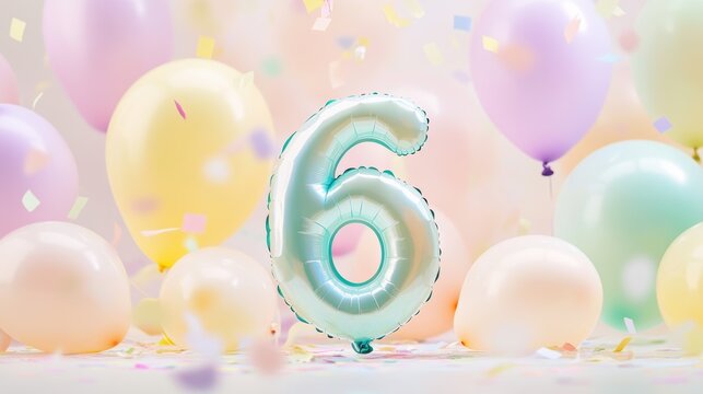 Birthday party decorations with number 6 balloon, pastel balloons, confetti, and colorful background for childrens celebration, fun event, festive atmosphere.
