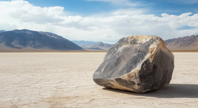 Grande rocha rica em l&iacute;tio em uma paisagem des&eacute;rtica seca e &aacute;rida com montanhas distantes, valiosos recursos naturais de l&iacute;tio