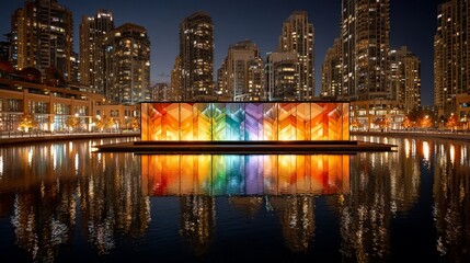 Obraz premium Illuminated Art installation on water with city backdrop