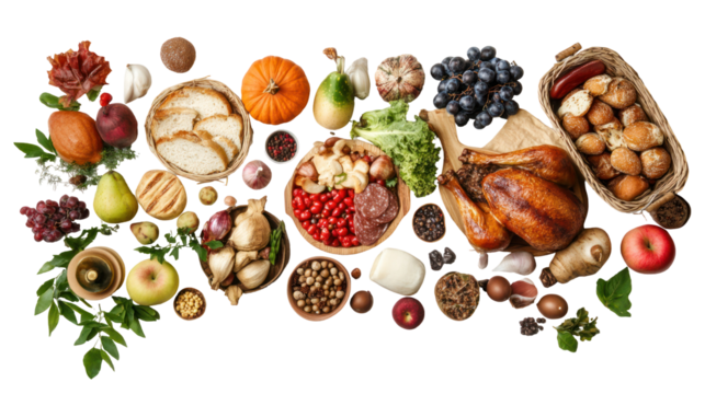 Thanksgiving dinner concept image with multiple food items on white background

