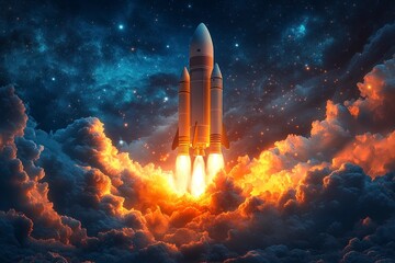 Rocket's fiery takeoff into starry cosmos