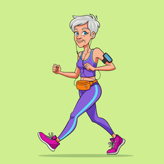 A senior woman with short gray hair is brisk walking.