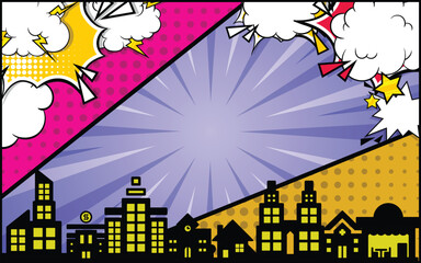Colorful comic pop art background with clouds and urban silhouettes cartoon vector