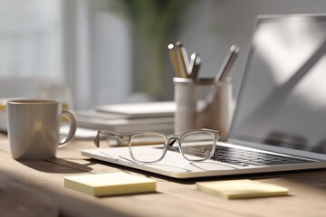 Cozy work desk with eyeglasses on laptop and morning coffee