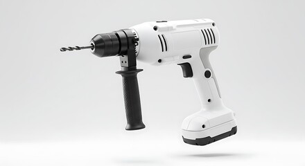 Drill with Bit on White Background Modern Cordless Power Tool
