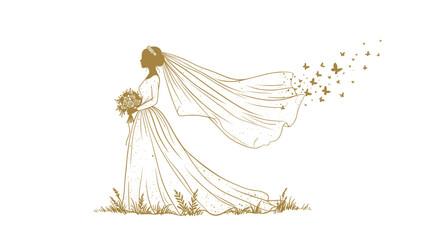 A nice wedding. Elegant bride with bouquet, flowing veil, surrounded by butterflies