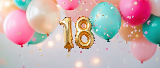 Birthday celebration decorations with colorful balloons, golden number 18, festive party theme, confetti, vibrant atmosphere for young adult milestone event.