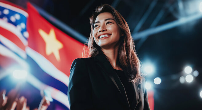 Uma pol&iacute;tica sorridente est&aacute; no palco de um com&iacute;cio pol&iacute;tico com apoiadores entusiasmados e uma grande bandeira nacional ao fundo durante um evento de campanha eleitoral