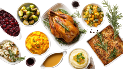 Thanksgiving dinner concept image with multiple food items on white background

