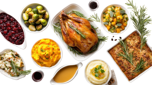 Thanksgiving dinner concept image with multiple food items on white background

