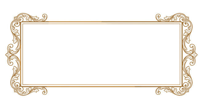 Vintage ornate gold frame with corner decorations on transparent background.

