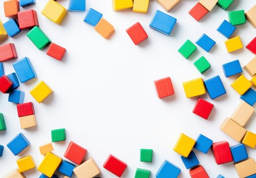 Colorful Building Blocks Arranged in a Playful Layout on White Background