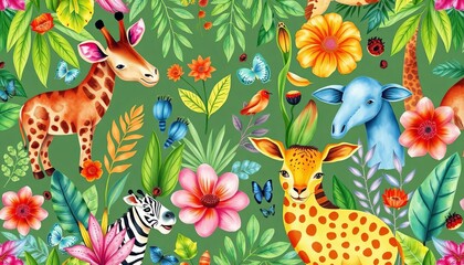 Obraz premium Vibrant watercolor safari animals & plants seamless pattern, home decor, animal print
